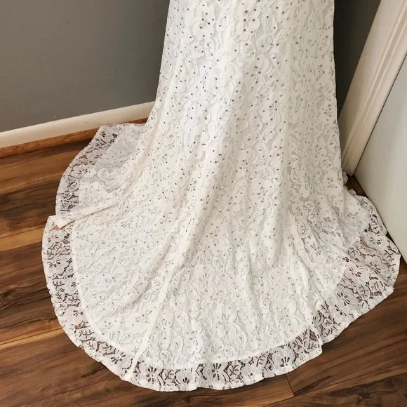 NEW ABBY PARIS SZ 2 IVORY LACE BEADED ILLUSION FORMAL EVENING GOWN - Picture 10 of 12